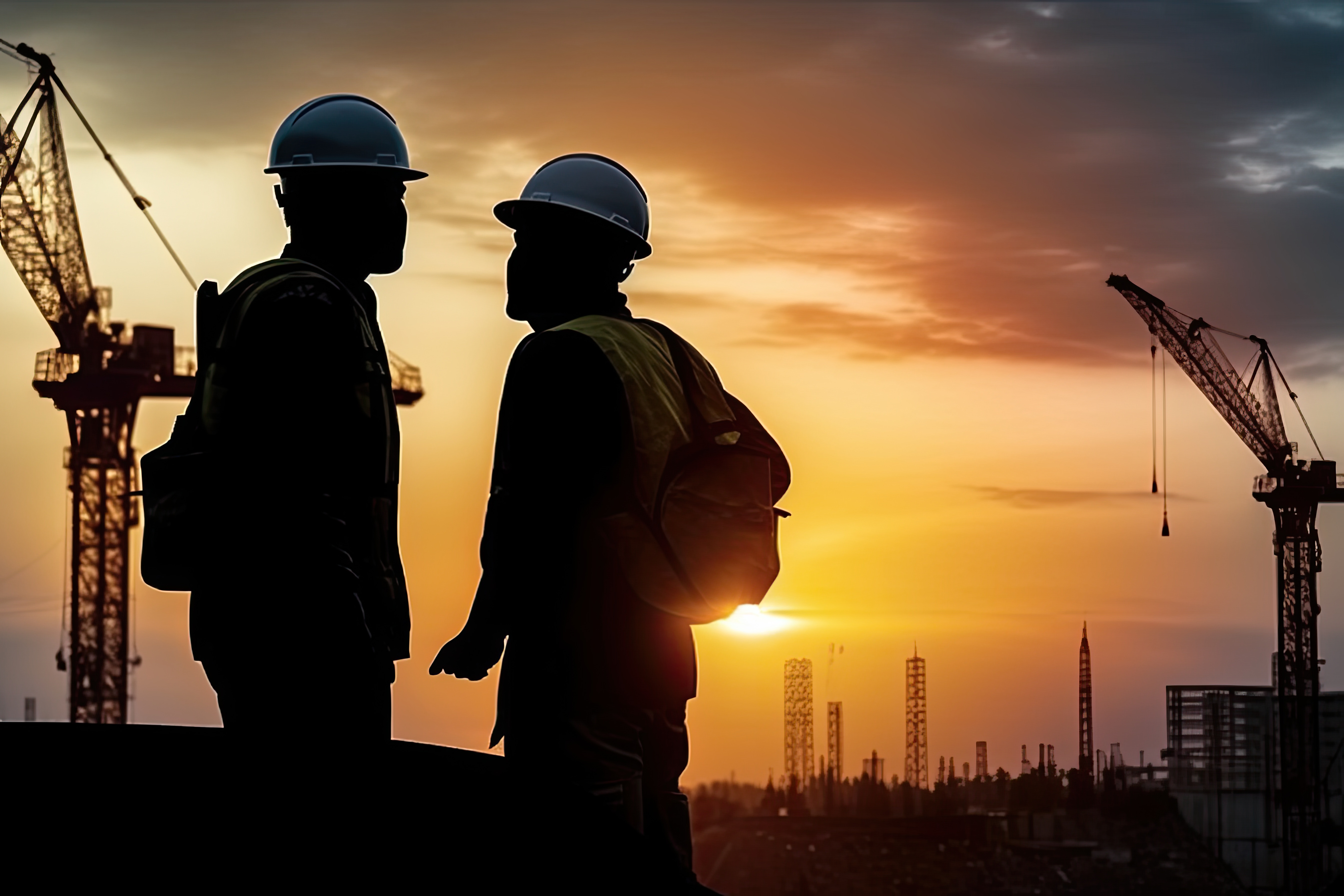 Silhouette of Engineer and worker with clipping path on building site, construction site at sunset in evening time.